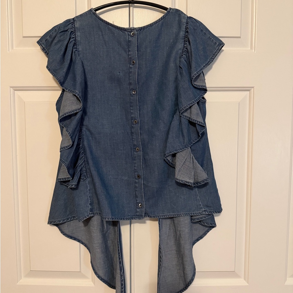 Frame Blue Ruffle Blouse Size Medium - Picture 14 of 16